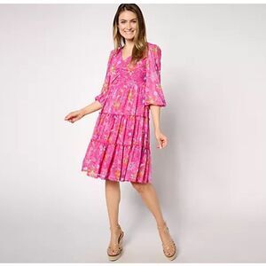 Susan Graver Regular Printed Mesh V-Neck 3/4 Sleeve Tiered Dress‎ Small Pink